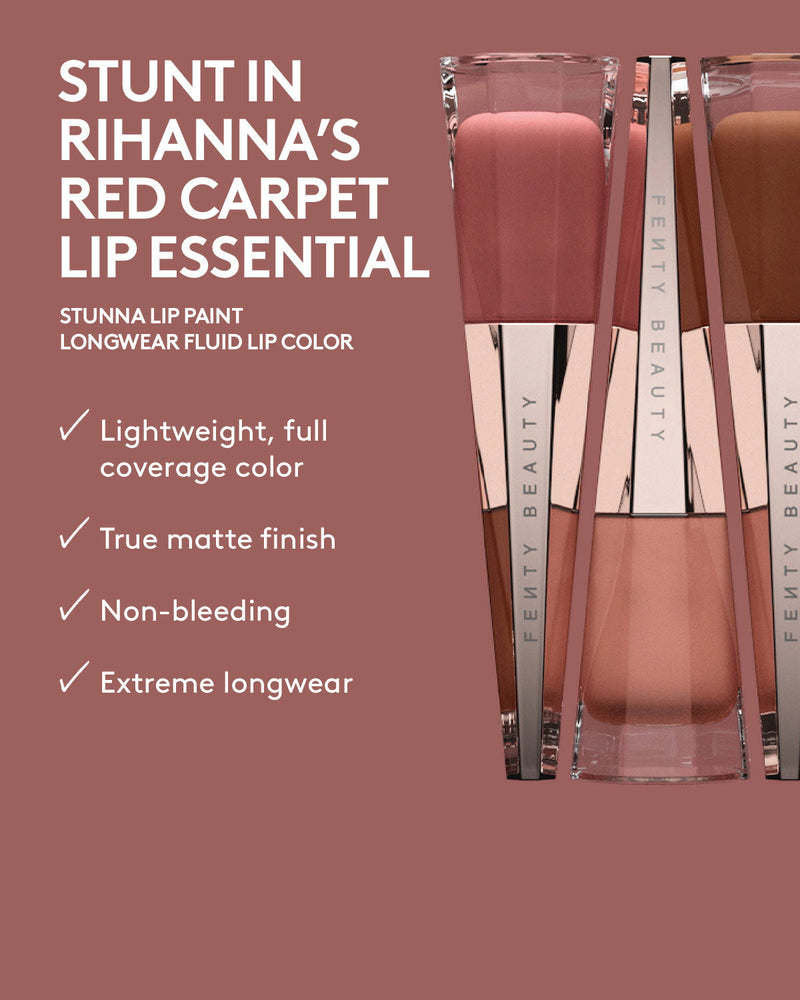 stunt in rihanna's red carpet lip essential. lightweight full coverage color, true matte finish, non bleeding, extreme longwear
