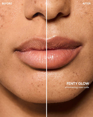 before and after of medium skin toned model wearing gloss bomb universal lip luminizer in shade fenty glow