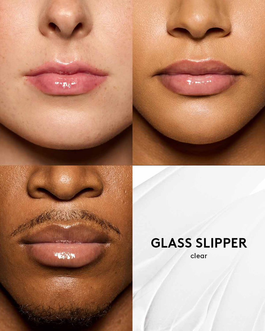 shade grid of three different skin toned models wearing gloss bomb universal lip luminizer in shade glass slipper