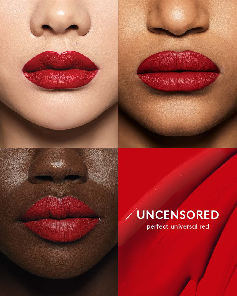 beauty shots of 3 different skin toned models wearing stunna lip paint in shade uncensored