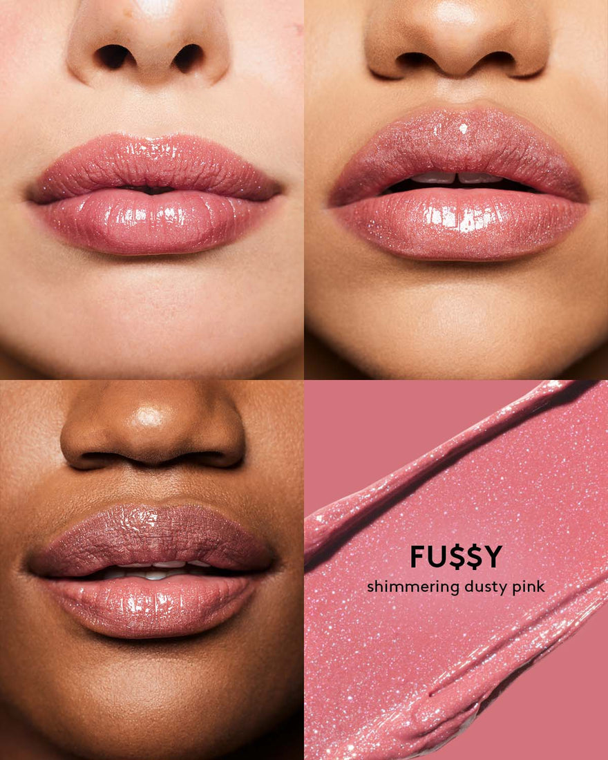 Macro shot of 3 models with light, medium, and deep skin tones wearing Gloss Bomb Stix High-Shine Gloss Stick in Shimmering Fu$$y.