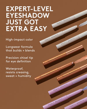 Eyeshadow products with text highlighting features on a brown background