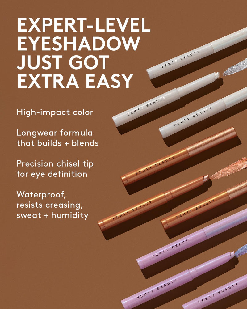 Eyeshadow products with text highlighting features on a brown background
