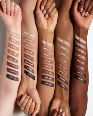 Match Stix Contour Skinstick swatches in all available shades shown on arms of light, medium, and deep skin tones.