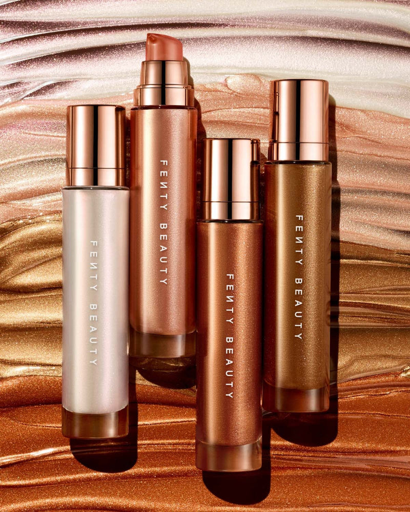 Editorial shot of Body Lava Body Luminizer collection against a background showing product texture of all shades.