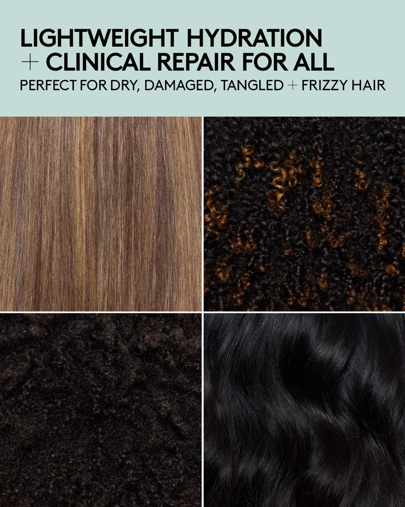 Lightweight hydration and clinical repair for all. Perfect for dry, damaged, tangles, and frizzy hair. A grid of 4 different hair types after using the Water Boi Leave-in Conditioner.