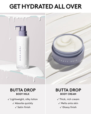 Comparison infographic of butta drop body milk and body cream. Get hydrated all over. Butta Drop Body Milk is lightweight, silky lotion, absorbs quickly, and has a satin finish. Butta Drop Body Cream is a thick, rich cream, melts onto skin, and has a glossy finish.