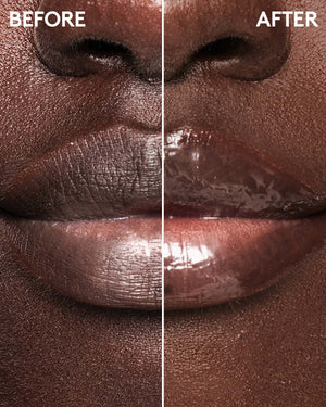 Before and after of model's lips with Fenty Skin Plush Puddin' Lip Mask.