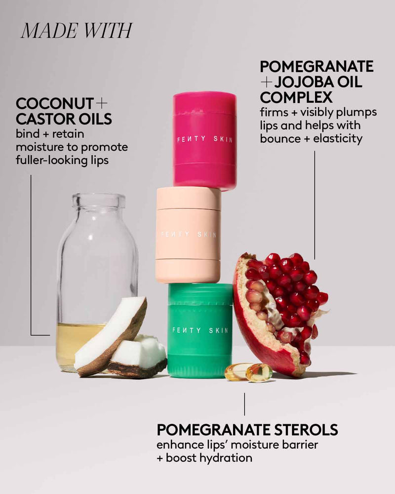 Fenty Skin lip products with pomegranate and coconut imagery on a light background