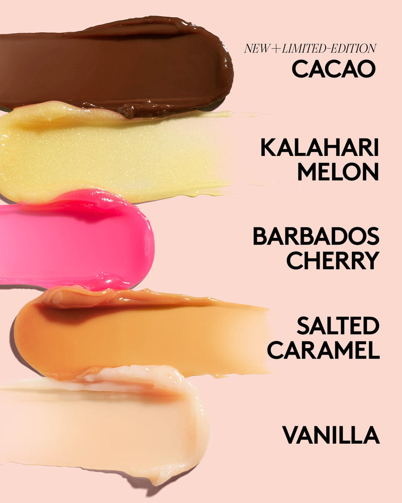 Five different colored swatches of Fenty Skin Plush Puddin with text indicating flavors on a pink background.