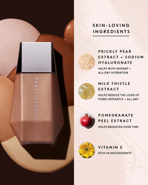 Infographic about Eaze Drop lit's skin-loving ingredients. It has prickly-pear extract and sodium hyaluronate, milk thistle extract, pomegranate peel extract, and vitamin e.