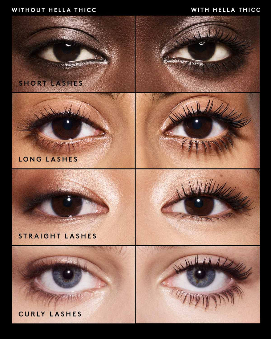 Close-up of the eyes of four models showing the before and after wearing the Hella Thicc mascara in black.