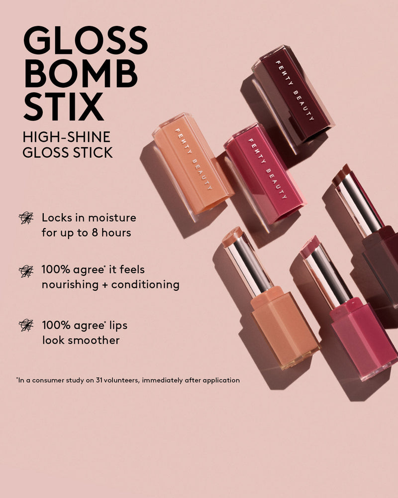Infographic with open shot of 3 Gloss Bomb Stix products on the right and text on the left reading: Gloss Bomb Stix High-Shine Gloss Stick locks in moisture for up to 8 hours, 100% agree (in a comsumer study on 31 volunteers, immediately after application) it feels nourishing + conditioning, 100% agree (in a consumer study on 31 volunteers, immediately after application) lips look smoother.