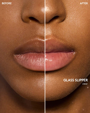 before and after of gloss bomb heat lip plumper in glass slipper on deep skin toned model