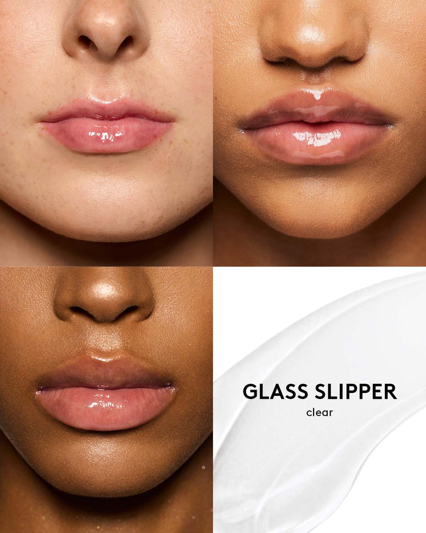 gloss bomb heat lip plumper in glass slipper on three different skin toned models