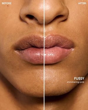 before and after of medium skin toned model wearing gloss bomb universal lip luminizer in shade Fu$$y