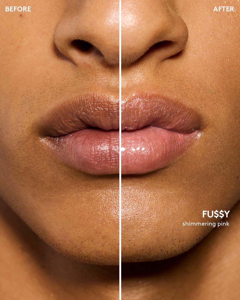 before and after of medium skin toned model wearing gloss bomb universal lip luminizer in shade Fu$$y