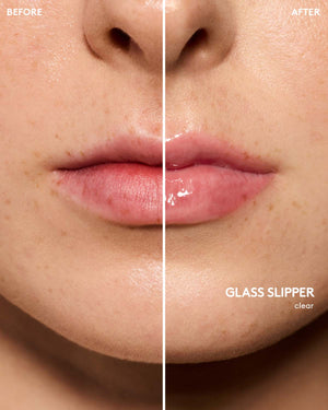 before and after of light skin toned model wearing gloss bomb universal lip luminizer in shade glass slipper
