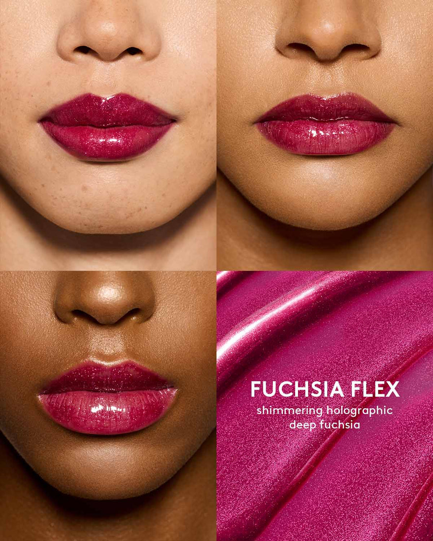 shade grid of 3 different skin toned models wearing gloss bomb universal lip luminizer in shade fuchsia flex