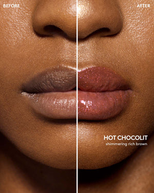 before and after of deep skin toned model wearing gloss bomb universal lip luminizer in shade hot chocolit