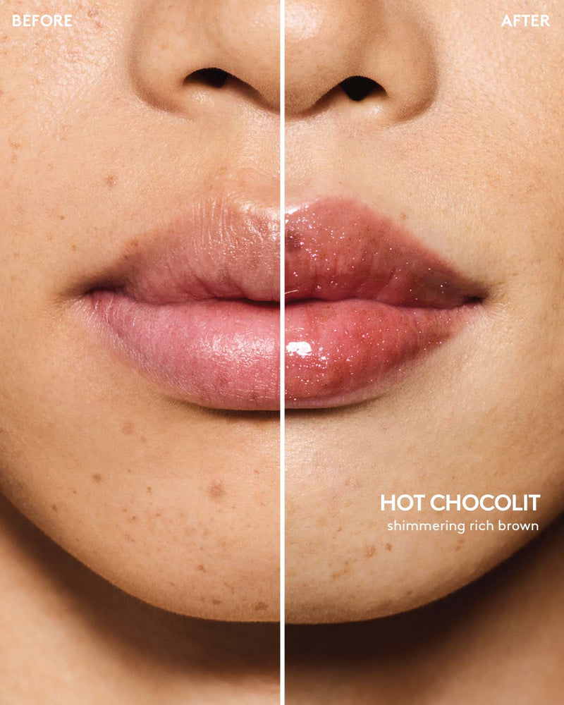before and after of light skin toned model wearing gloss bomb universal lip luminizer in shade hot chocolit