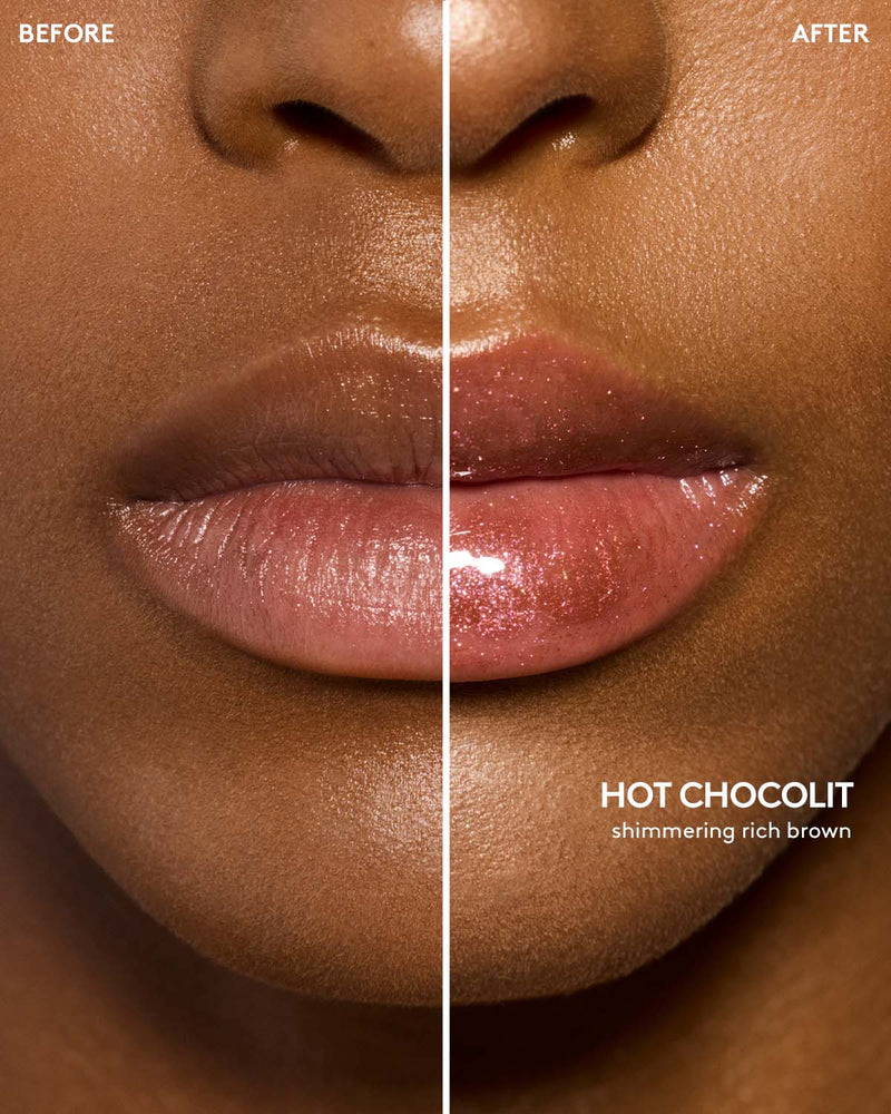 before and after of medium skin toned model wearing gloss bomb universal lip luminizer in shade hot chocolit