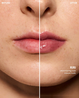 before and after of light skin toned model wearing gloss bomb universal lip luminizer in shade riri