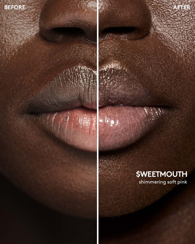 before and after of deep skin toned model wearing gloss bomb universal lip luminizer in shade $weetmouth
