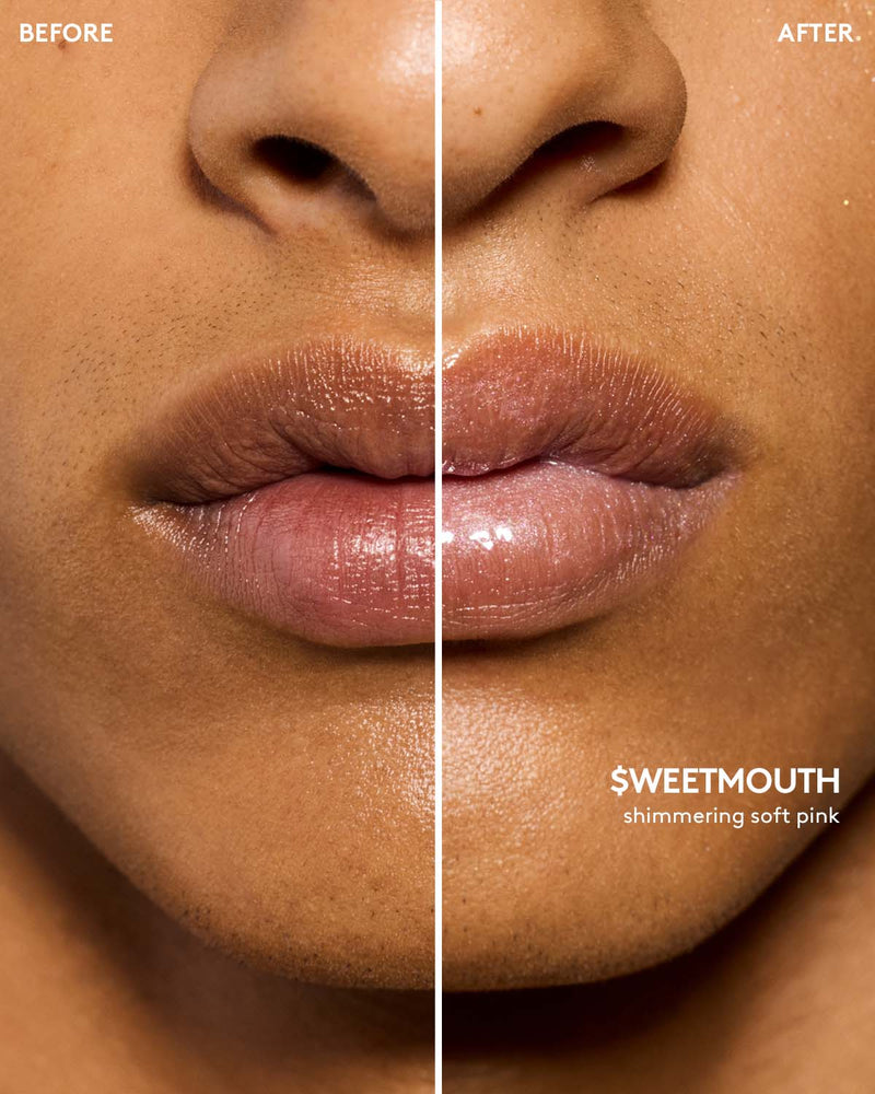 before and after of medium skin toned model wearing gloss bomb universal lip luminizer in shade $weetmouth