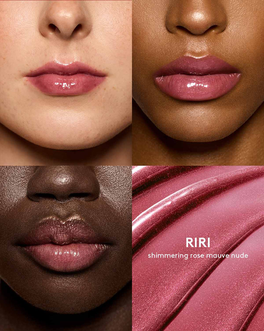 shade grid of three different skin toned model wearing gloss bomb universal lip luminizer in shade riri