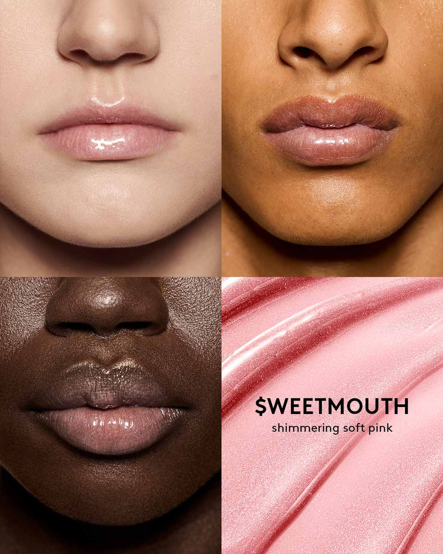 shade grid of 3 different skin toned models wearing gloss bomb universal lip luminizer in shade $weetmouth