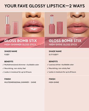 Infographic comparing Gloss Bomb Stix and Gloss Bomb Stix Shimmering