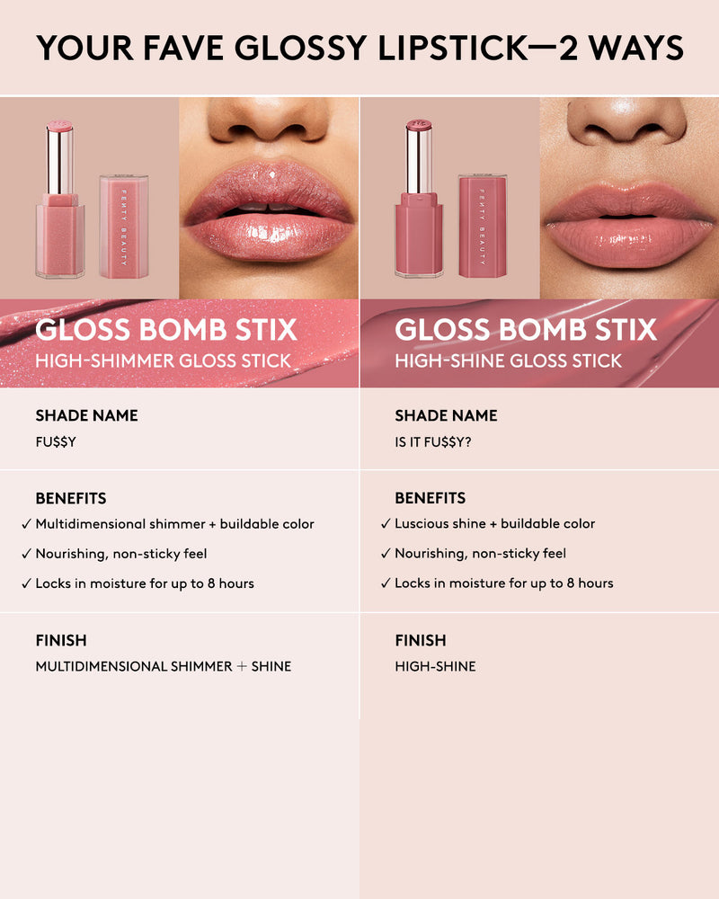 Infographic comparing Gloss Bomb Stix and Gloss Bomb Stix Shimmering