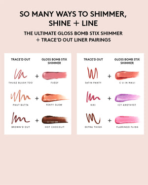 Gloss Bomb Stix Shimmer and Traced Out Lip Liner Suggested Shade Pairings.