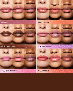 Shade grid of full Gloss Bomb Stix collection on 3 skin tones each.