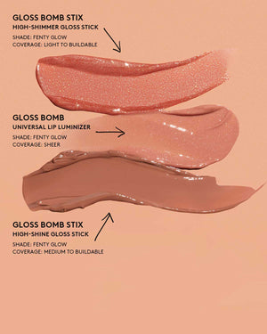Swatches of 3 Gloss Bomb Lip Glosses. Gloss Bomb Stix High-Shimmer Gloss Stick has light to buildable coverage. Gloss Bomb Universal Lip Luminizer has sheer coverage. Gloss Bomb Stix High-Shine Gloss Stick has medium to buildable coverage.