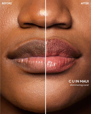 Before and after macro shot of deep model wearing Gloss Bomb Stix High-Shimmer Gloss Stick in C U in Maui.