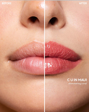 Before and after macro shot of light model wearing Gloss Bomb Stix High-Shimmer Gloss Stick in C U in Maui.