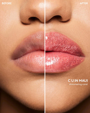 Before and after macro shot of medium model wearing Gloss Bomb Stix High-Shimmer Gloss Stick in C U in Maui.