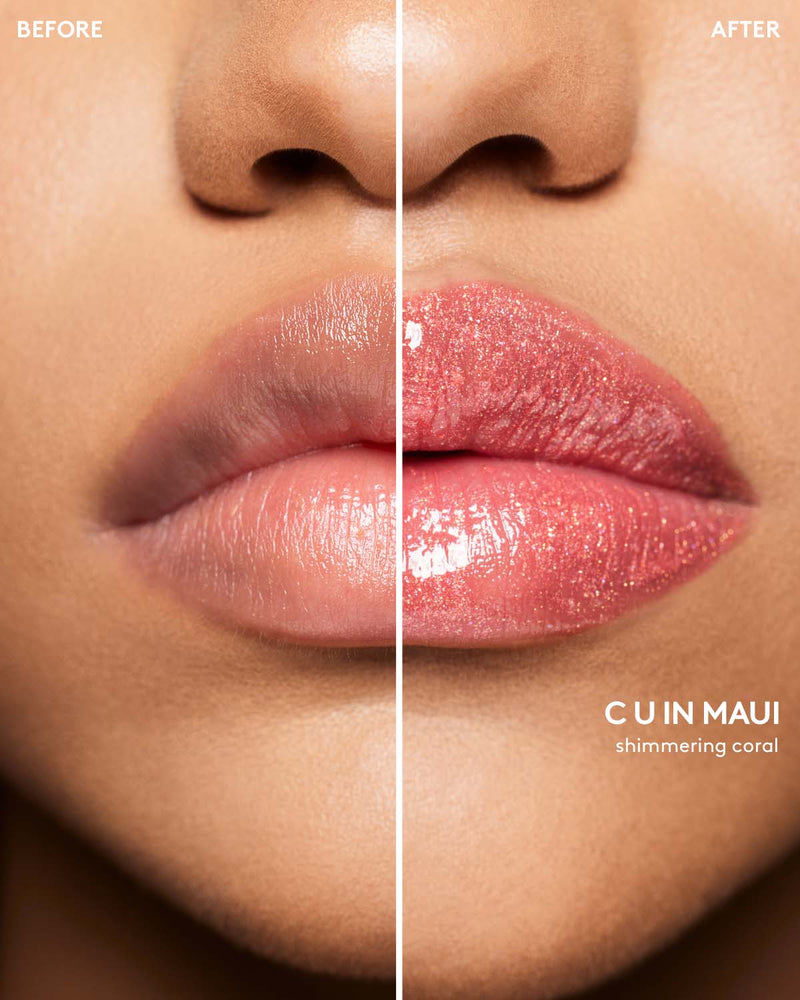 Before and after macro shot of medium model wearing Gloss Bomb Stix High-Shimmer Gloss Stick in C U in Maui.