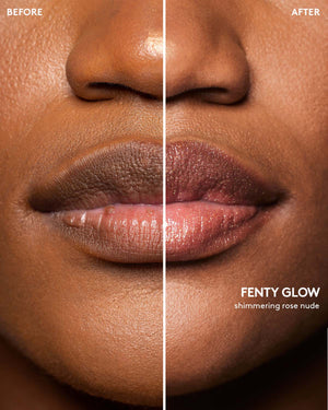 Before and after macro shot of deep model wearing Gloss Bomb Stix High-Shimmer Gloss Stick in Fenty Glow.