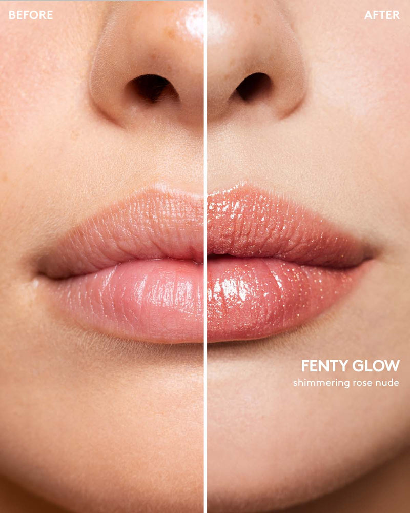 Before and after macro shot of light model wearing Gloss Bomb Stix High-Shimmer Gloss Stick in Fenty Glow.
