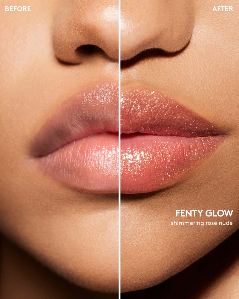 Before and after macro shot of medium model wearing Gloss Bomb Stix High-Shimmer Gloss Stick in Fenty Glow.