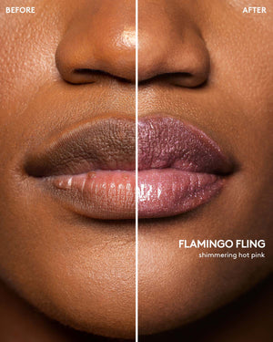Before and after macro shot of medium model wearing Gloss Bomb Stix High-Shimmer Gloss Stick in Flamingo Fling.