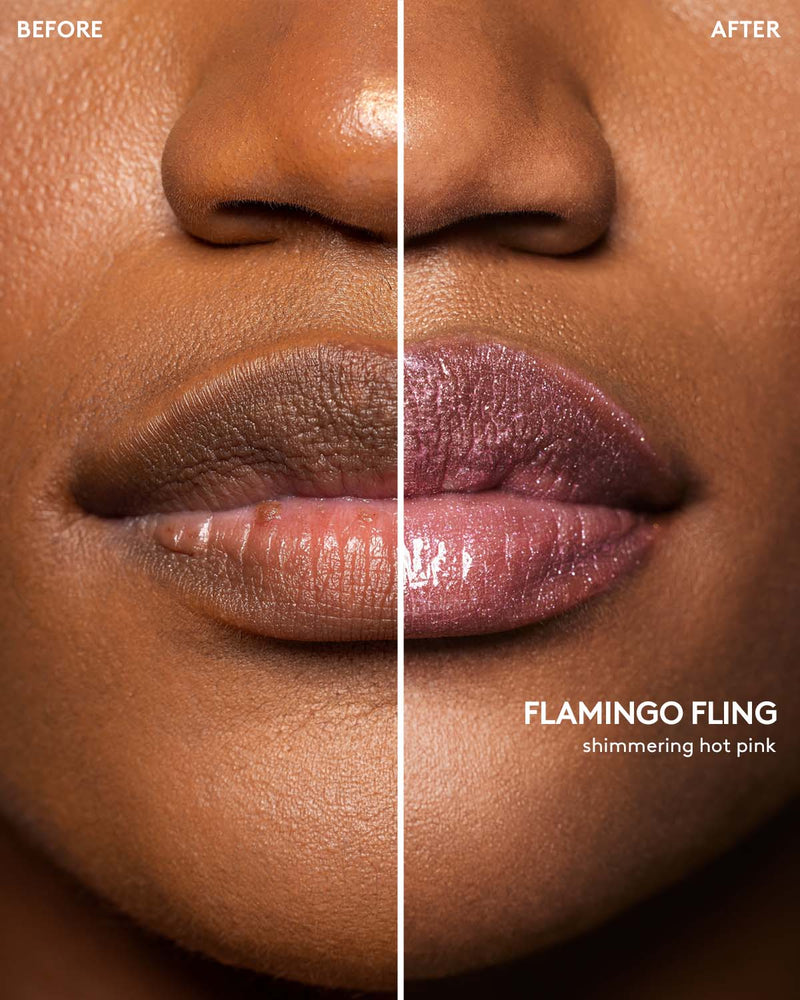 Before and after macro shot of medium model wearing Gloss Bomb Stix High-Shimmer Gloss Stick in Flamingo Fling.