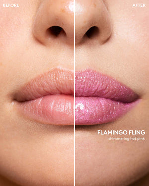 Before and after macro shot of light model wearing Gloss Bomb Stix High-Shimmer Gloss Stick in Flamingo Fling.