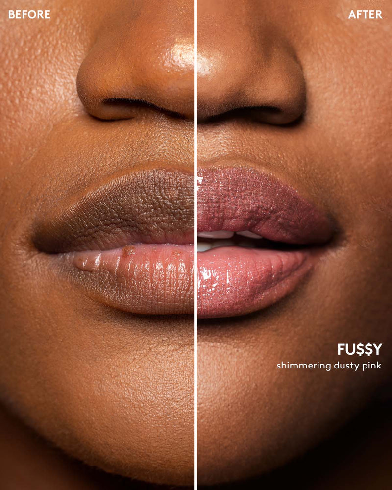 Before and after macro shot of deep model wearing Gloss Bomb Stix High-Shimmer Gloss Stick in Fu$$y.