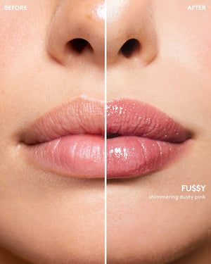Before and after macro shot of light model wearing Gloss Bomb Stix High-Shimmer Gloss Stick in Fu$$y.