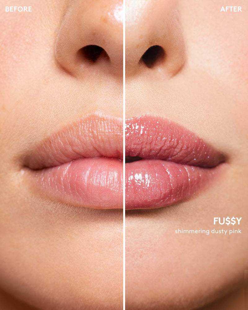 Before and after macro shot of light model wearing Gloss Bomb Stix High-Shimmer Gloss Stick in Fu$$y.