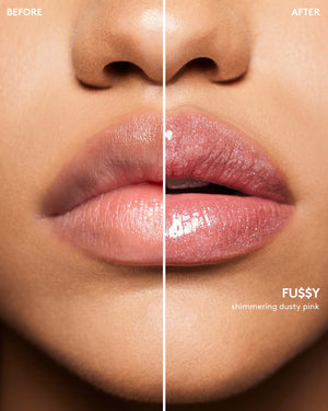 Before and after macro shot of medium model wearing Gloss Bomb Stix High-Shimmer Gloss Stick in Fu$$y.
